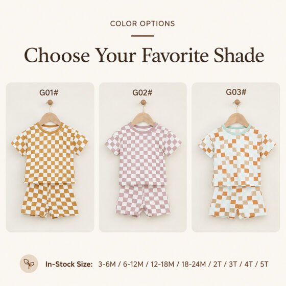 Checkered bamboo baby pajama sets in mustard pink and orange color options from 3-6M to 5T