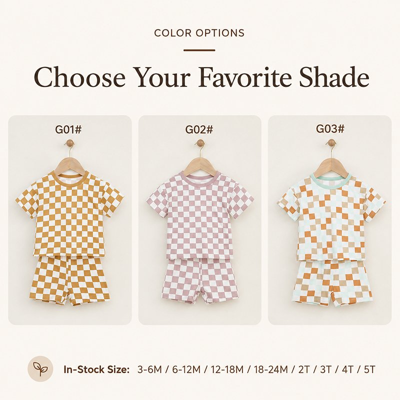 Checkered bamboo baby pajama sets in mustard pink and orange color options from 3-6M to 5T
