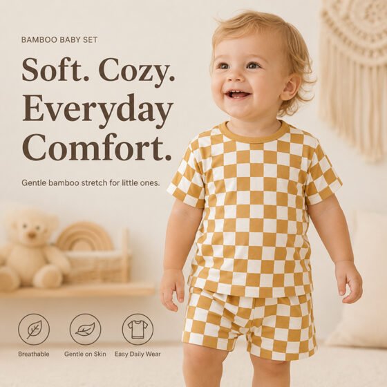 Toddler wearing a mustard checkered bamboo baby pajama set with short sleeve top and shorts