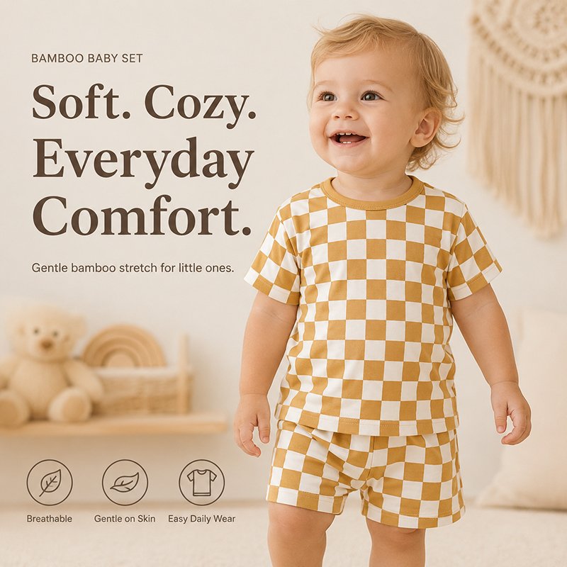 Toddler wearing a mustard checkered bamboo baby pajama set with short sleeve top and shorts