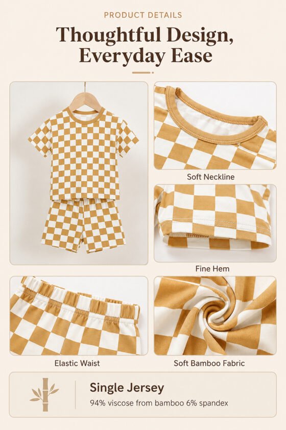 Checkered bamboo baby pajama set details showing soft neckline elastic waist and single jersey fabric