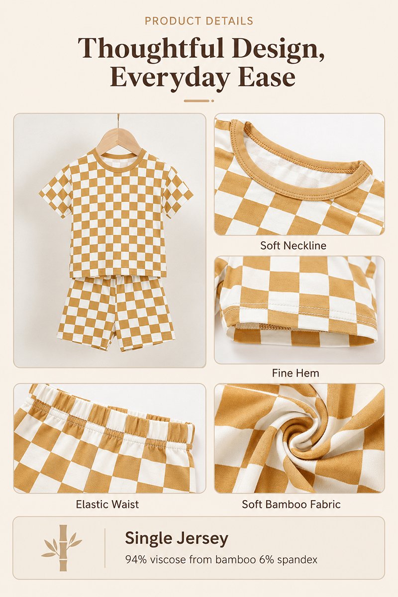 Checkered bamboo baby pajama set details showing soft neckline elastic waist and single jersey fabric