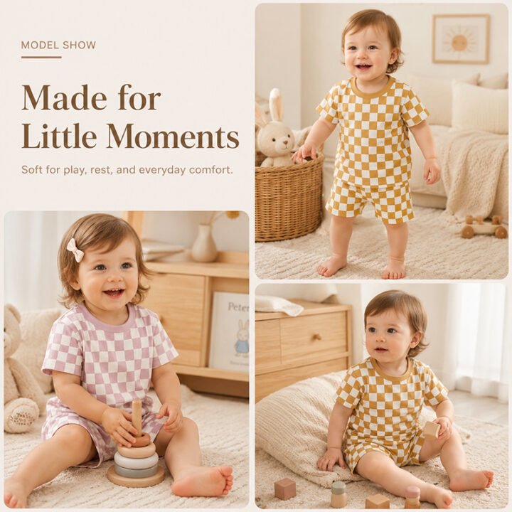 Babies wearing mustard and pink checkered bamboo pajama sets in nursery lifestyle settings