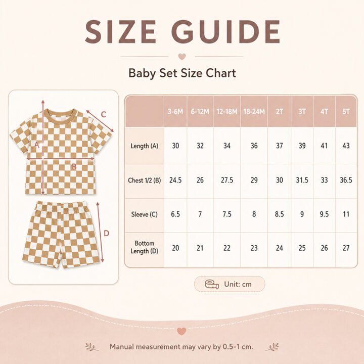 Checkered bamboo baby pajama set size chart with top and shorts measurements from 3-6M to 5T