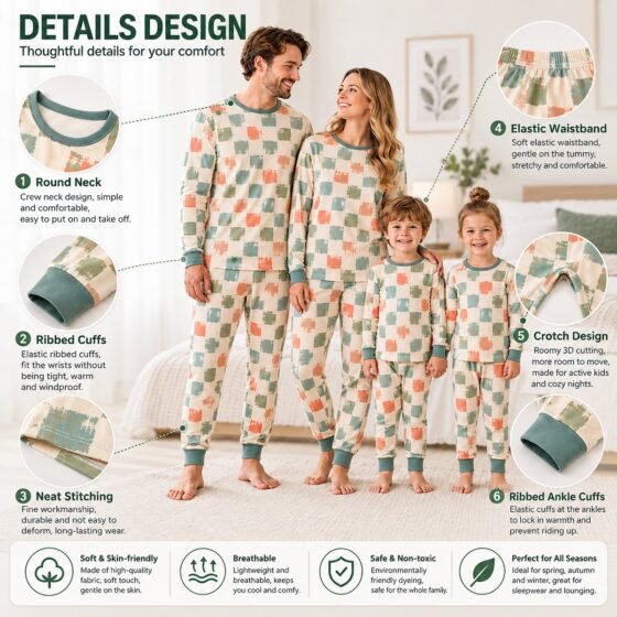 Cotton family matching pajamas showing neckline ribbed cuffs elastic waist stitching and ankle construction