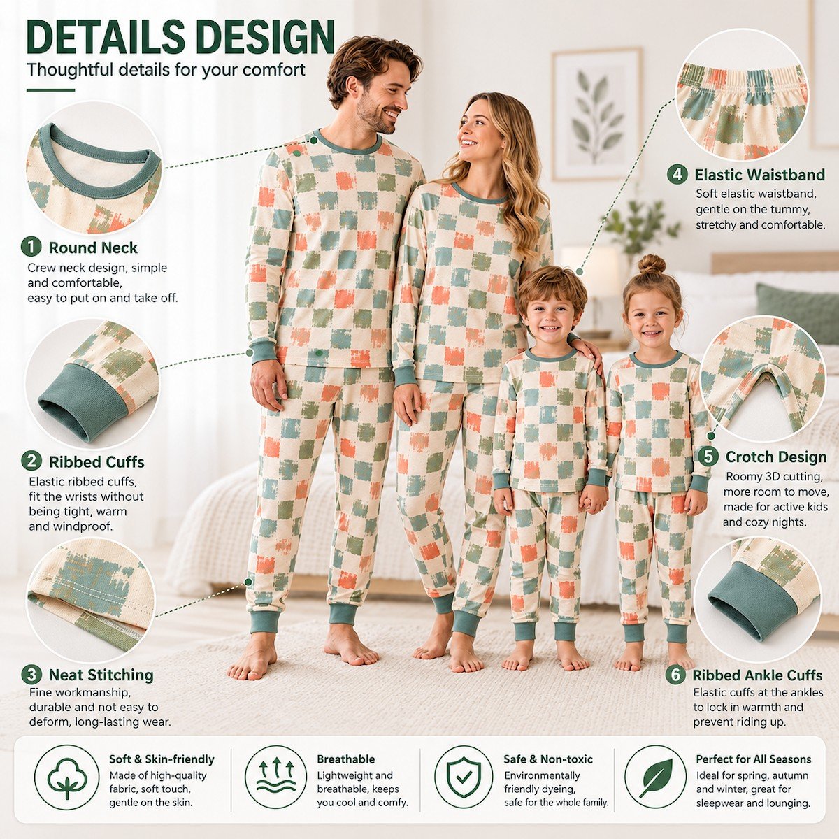 Cotton family matching pajamas showing neckline ribbed cuffs elastic waist stitching and ankle construction