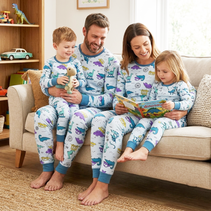 Blue dinosaur print cotton family pajamas worn by parents and children in a home reading scene