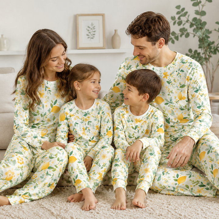 Cotton family matching pajamas with yellow lemon and botanical print for adults and children