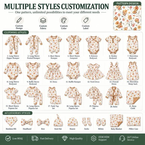 Custom baby sleepwear and apparel style options including rompers bodysuits pajamas and accessories