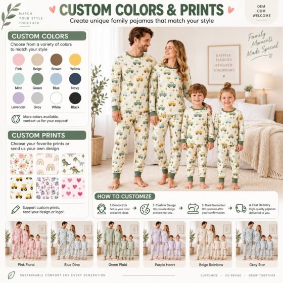 Custom family matching pajamas with color and print options for private label collections