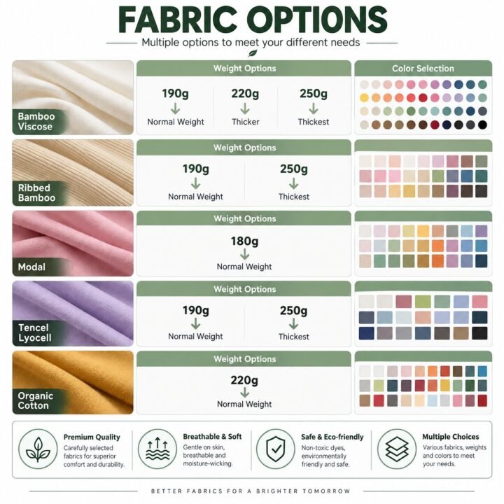 Custom family pajamas fabric weight and color options including cotton bamboo modal and lyocell