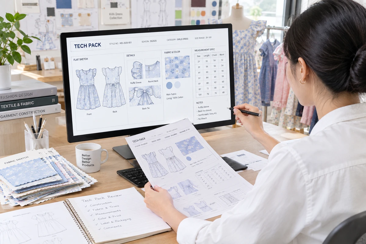 Product developer reviewing a tech pack on screen with garment drawings, measurement tables and printed spec sheets