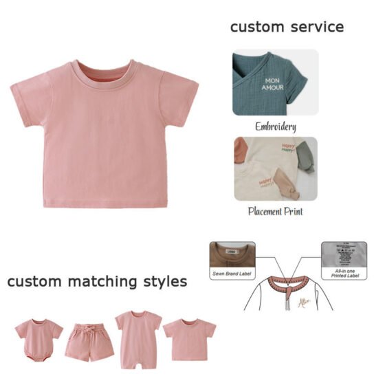 Custom baby T-shirt branding options including embroidery, placement print and private labels