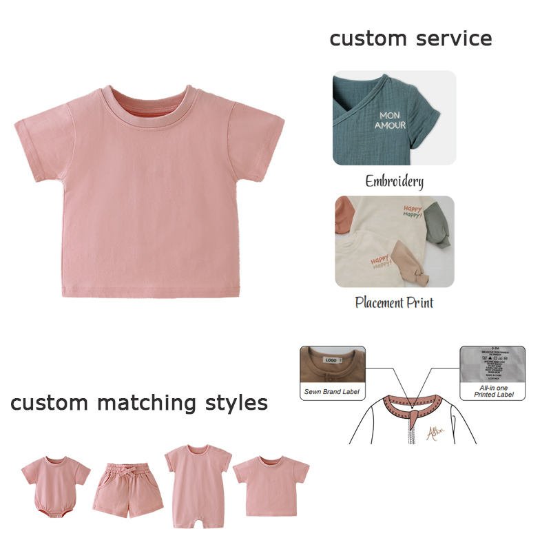 Custom baby T-shirt branding options including embroidery, placement print and private labels