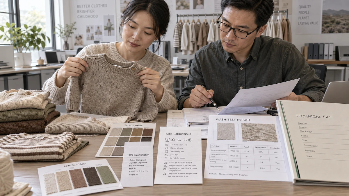 Production team reviewing multilingual care labels and garment construction for 2027 EU kidswear orders