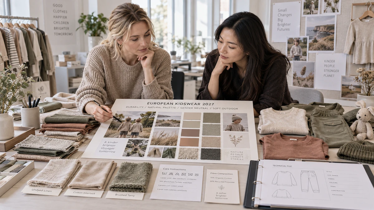 European kidswear trends 2027 design planning with muted earth palette sustainable fabrics and EU labelling documents