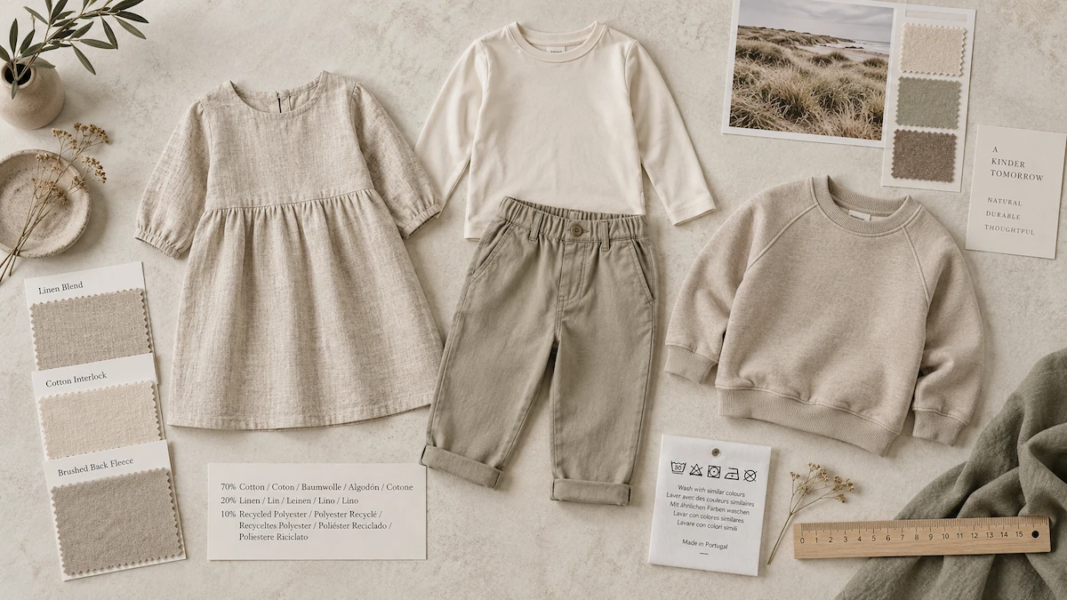 2027 European kidswear range flat lay with linen organic cotton pieces and fibre composition labels