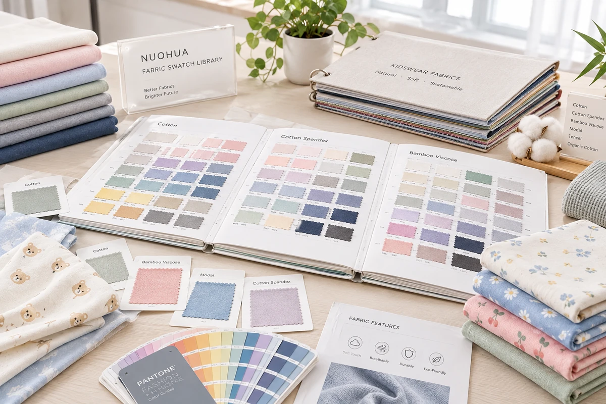 Fabric swatch library open on a desk with colour cards and knit samples for childrenswear development