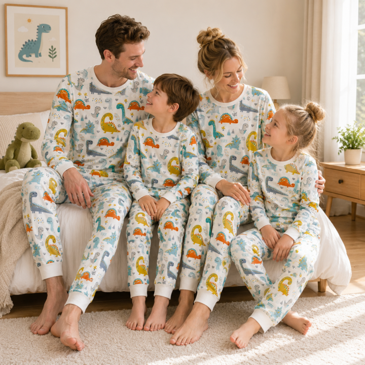 Colorful dinosaur print family matching pajamas worn by two adults and two children