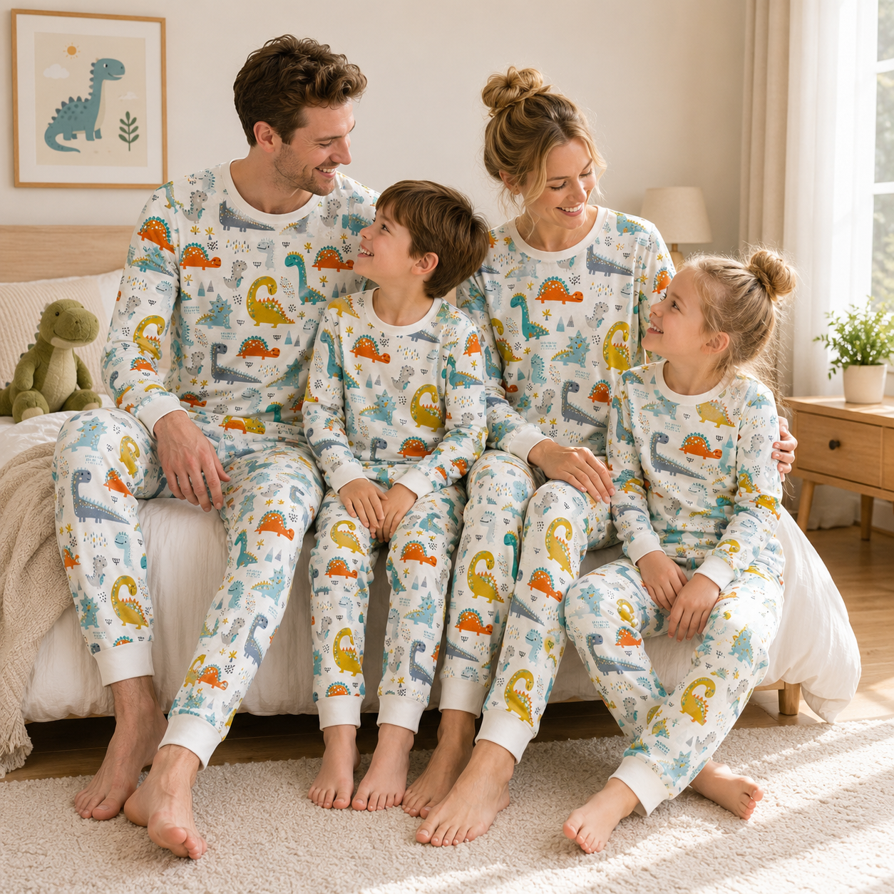 Colorful dinosaur print family matching pajamas worn by two adults and two children
