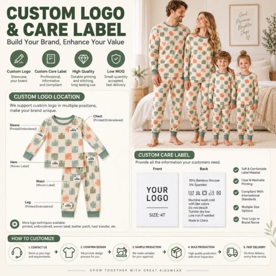 Family matching pajamas with custom logo placement care labels and private label options