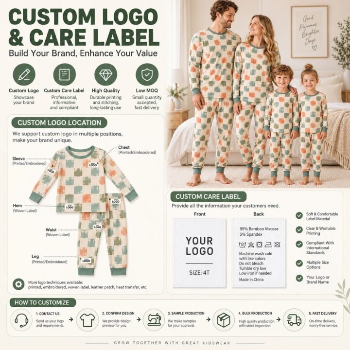 Family matching pajamas with custom logo placement care labels and private label options