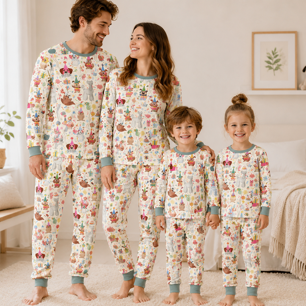 Family matching pajamas with colorful party animal print worn by adults and children