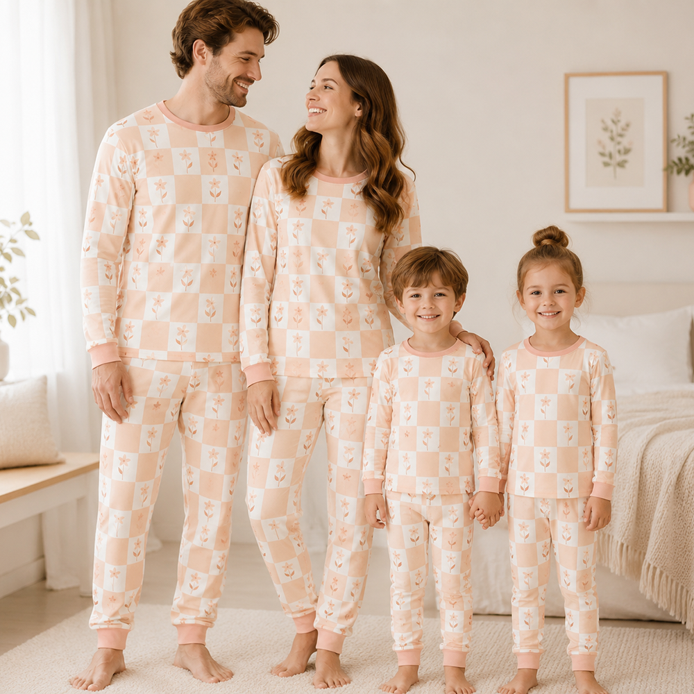 Cotton family matching pajamas in soft peach check pattern with small floral details