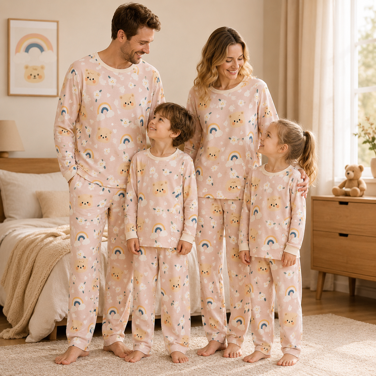 Pink family matching pajamas with bear rainbow and floral print for parents and children