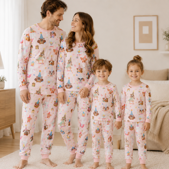 Pink family matching pajama sets with playful party animal print for adults and kids