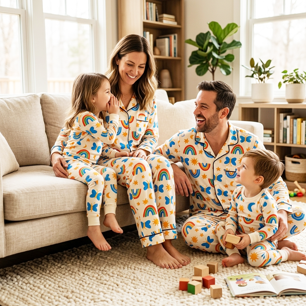 Family matching pajamas with colorful rainbow butterfly and star print in a relaxed home setting