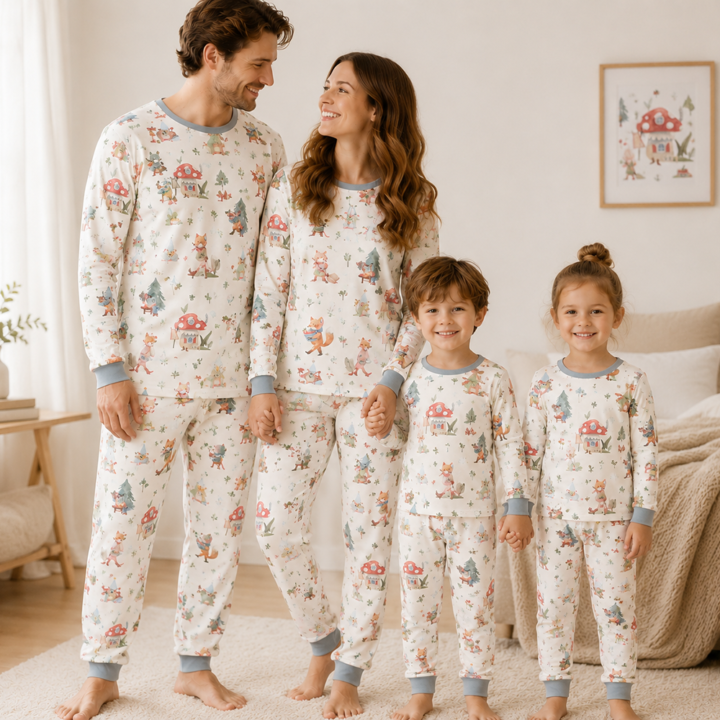 Family matching pajamas with woodland fox mushroom and forest print in soft neutral colors