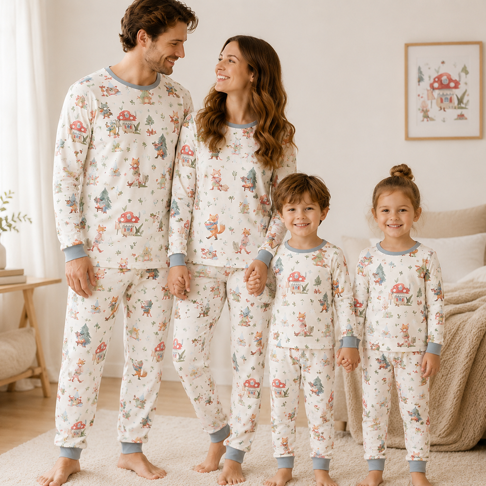 Family matching pajamas with woodland fox mushroom and forest print in soft neutral colors
