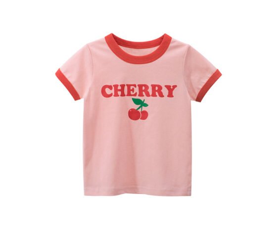Casual pink girls ringer t-shirt with red trim and cherry pattern for summer