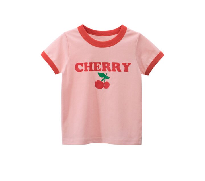 Casual pink girls ringer t-shirt with red trim and cherry pattern for summer