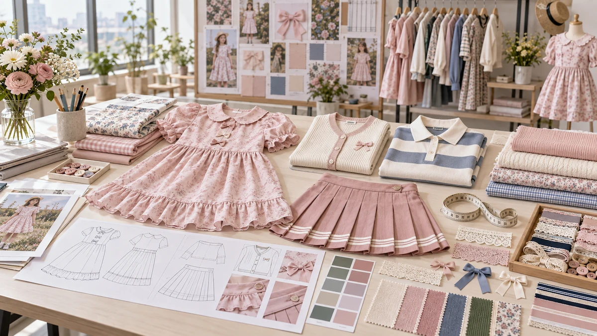 2027 girls clothing trend range with ruffle dress pleated skirt cardigan sporty polo and fabric swatches