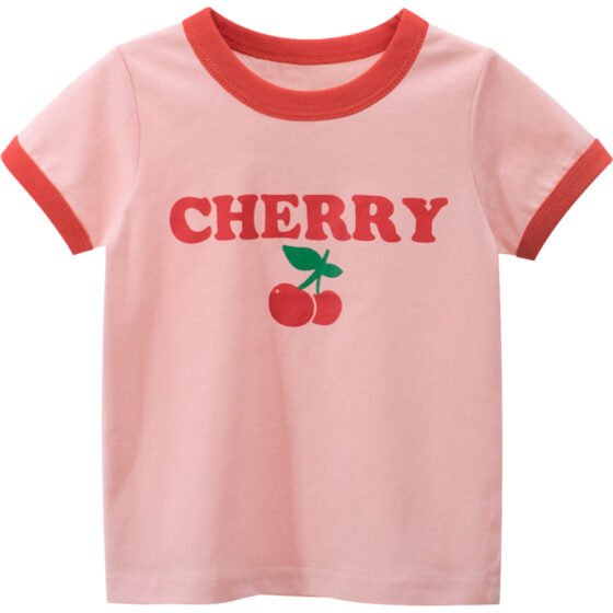Front view of girls summer cotton short sleeve t-shirt with cherry print