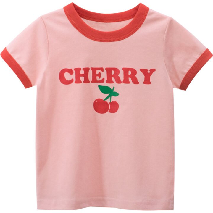 Front view of girls summer cotton short sleeve t-shirt with cherry print