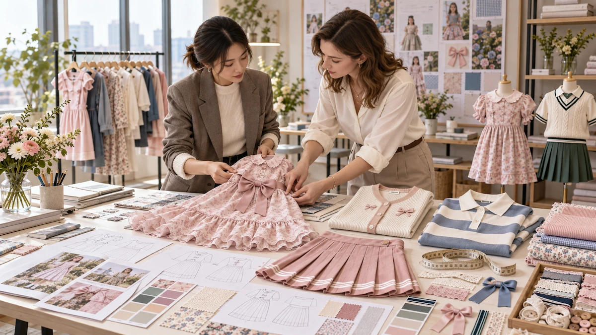 Girlswear production team reviewing bow ruffle and pleated garment construction for 2027 bulk development
