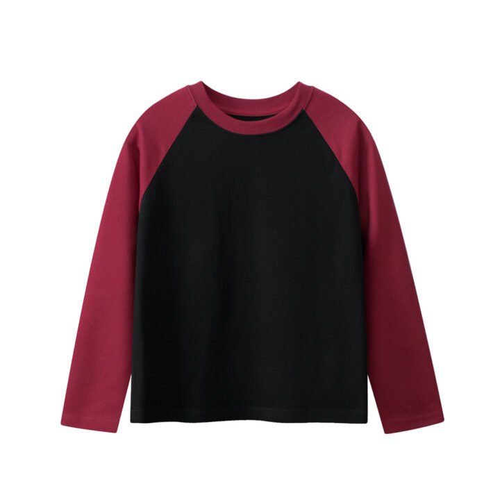 Kids blank cotton long sleeve raglan t-shirt in black and maroon NH3132