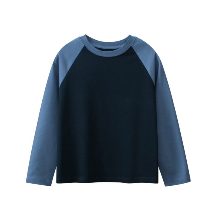 Kids blank long sleeve raglan t-shirt in light blue and navy color block