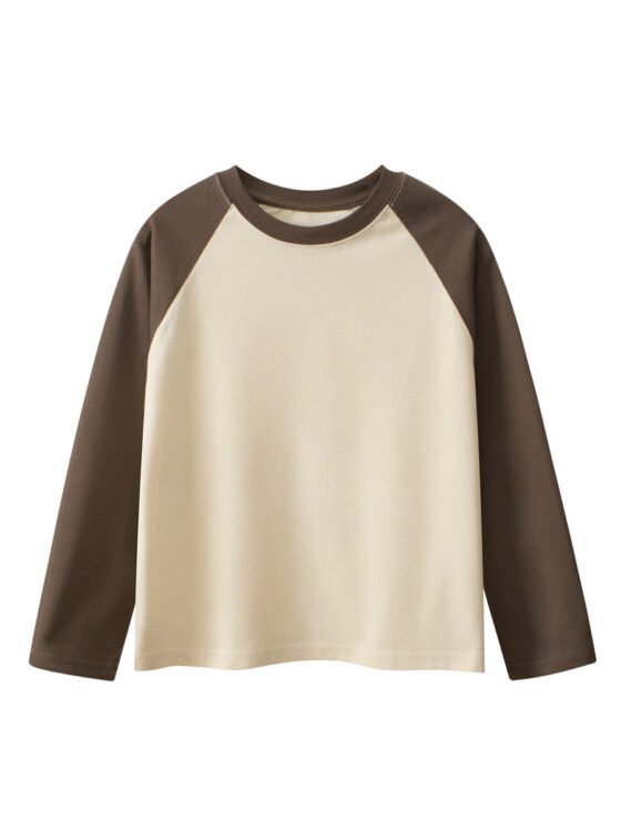 Kids blank long sleeve raglan t-shirt in brown and cream color block