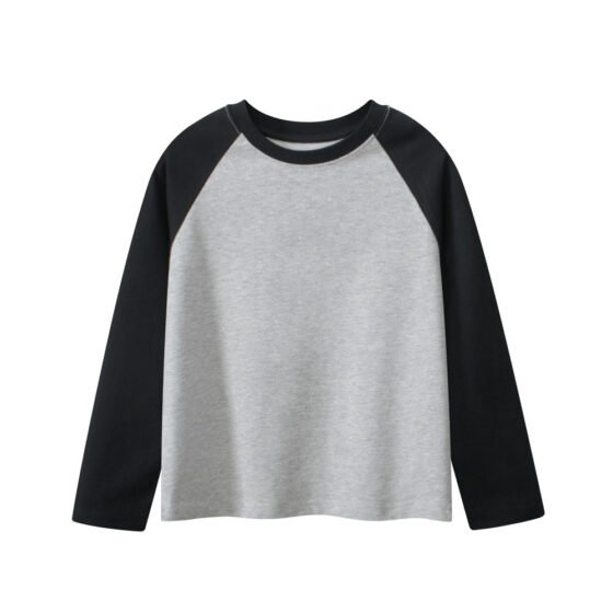 Kids blank long sleeve raglan t-shirt in heather grey and black color block