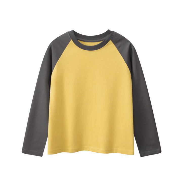 Kids blank cotton long sleeve raglan t-shirt in mid yellow and dark grey NH3132