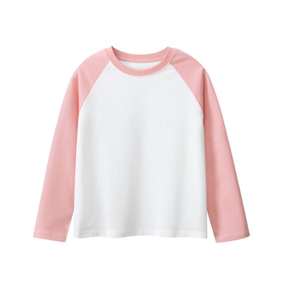 Kids blank long sleeve raglan t-shirt in pink and white color block