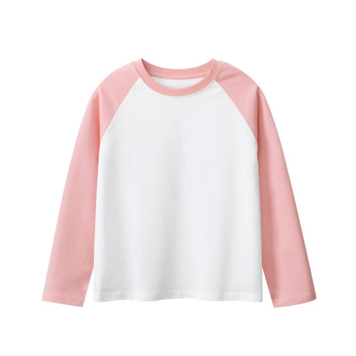 Kids blank cotton long sleeve raglan t-shirt in pink and white NH3132