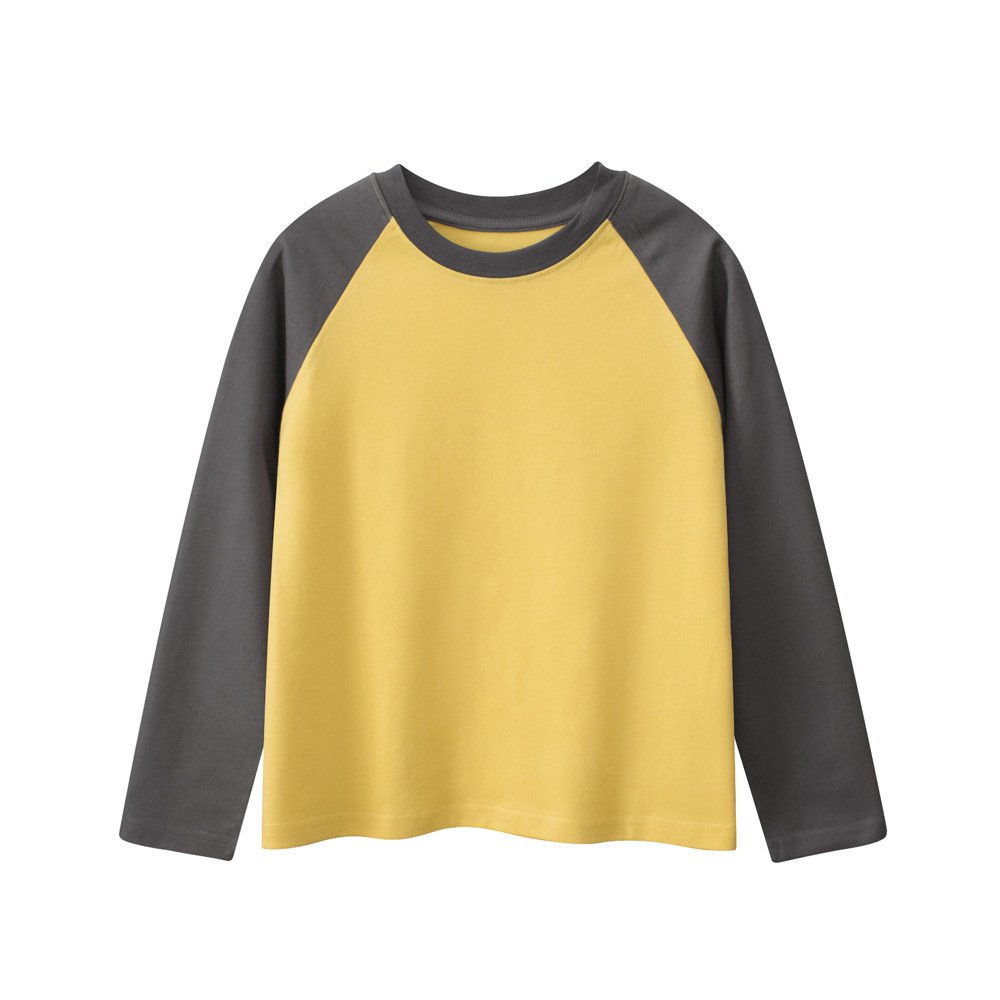 Kids blank long sleeve raglan t-shirt in yellow and dark grey color block
