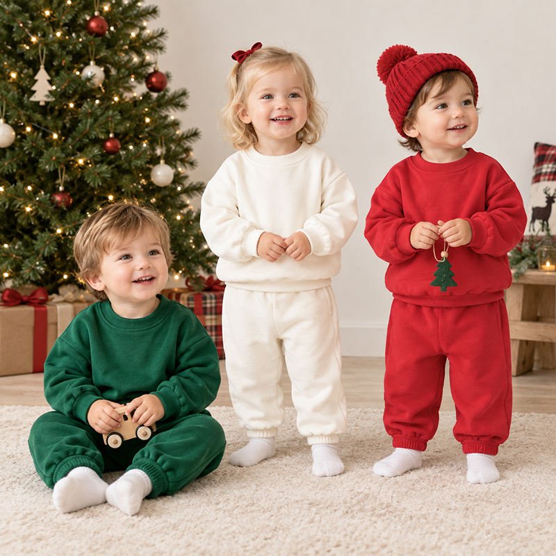 Toddlers wearing premium blank French terry jogger sets in red, green, and white