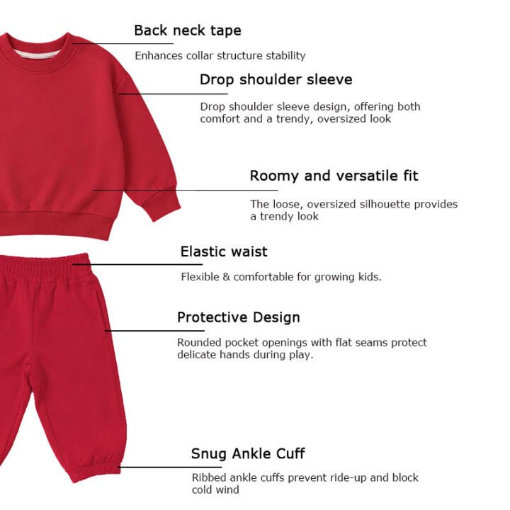 Kids French terry sweatsuit construction details showing drop shoulders and elastic waist