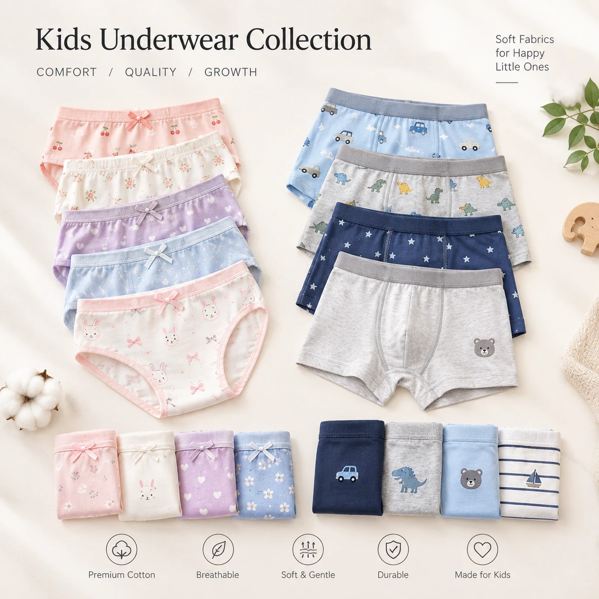 Girls briefs and boys boxer briefs arranged by colourway in a soft cotton kids underwear collection